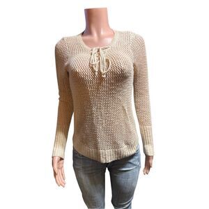 Ohmg crochet tan tie front crochet  pullover top S